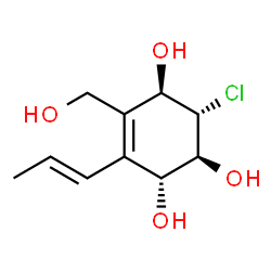 ChemSpider 2D Image | (1R,2S,3S,4R)-3-Chloro-5-(hydroxymethyl)-6-[(1E)-1-propen-1-yl]-5-cyclohexene-1,2,4-triol | C10H15ClO4