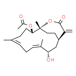 ChemSpider 2D Image | (1R,3S,4Z,11S,12R)-3-Hydroxy-4,8,12-trimethyl-15-methylene-14-oxo-13-oxabicyclo[10.3.2]heptadeca-4,7-dien-11-yl acetate | C22H32O5