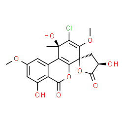 ChemSpider 2D Image | (1R,4S,4'R)-2-Chloro-1,4',7-trihydroxy-3,9-dimethoxy-1-methyl-3',4'-dihydro-1H,5'H,6H-spiro[benzo[c]chromene-4,2'-furan]-5',6-dione | C19H17ClO9