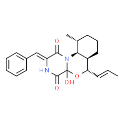 ChemSpider 2D Image | (2Z,6S,6aR,10R,10aS)-2-Benzylidene-4a-hydroxy-10-methyl-6-[(1E)-1-propen-1-yl]octahydro-1H,6H-pyrazino[1,2-a][3,1]benzoxazine-1,4(4aH)-dione | C22H26N2O4