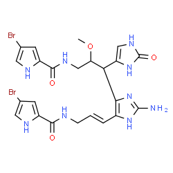 ChemSpider 2D Image | N-[(2E)-3-{2-Amino-4-[3-{[(4-bromo-1H-pyrrol-2-yl)carbonyl]amino}-2-methoxy-1-(2-oxo-2,3-dihydro-1H-imidazol-4-yl)propyl]-1H-imidazol-5-yl}-2-propen-1-yl]-4-bromo-1H-pyrrole-2-carboxamide | C23H25Br2N9O4