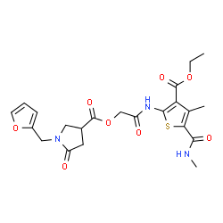 ChemSpider 2D Image | 2-{[3-(Ethoxycarbonyl)-4-methyl-5-(methylcarbamoyl)-2-thienyl]amino}-2-oxoethyl 1-(2-furylmethyl)-5-oxo-3-pyrrolidinecarboxylate | C22H25N3O8S