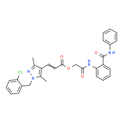 ChemSpider 2D Image | 2-Oxo-2-{[2-(phenylcarbamoyl)phenyl]amino}ethyl 3-[1-(2-chlorobenzyl)-3,5-dimethyl-1H-pyrazol-4-yl]acrylate | C30H27ClN4O4