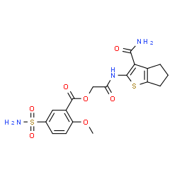 ChemSpider 2D Image | 2-[(3-Carbamoyl-5,6-dihydro-4H-cyclopenta[b]thiophen-2-yl)amino]-2-oxoethyl 2-methoxy-5-sulfamoylbenzoate | C18H19N3O7S2