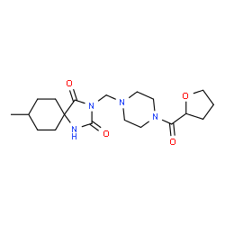 ChemSpider 2D Image | 8-Methyl-3-{[4-(tetrahydro-2-furanylcarbonyl)-1-piperazinyl]methyl}-1,3-diazaspiro[4.5]decane-2,4-dione | C19H30N4O4