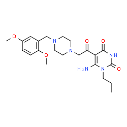 ChemSpider 2D Image | 6-Amino-5-{[4-(2,5-dimethoxybenzyl)-1-piperazinyl]acetyl}-1-propyl-2,4(1H,3H)-pyrimidinedione | C22H31N5O5