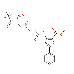 ChemSpider 2D Image | Ethyl 3-({[2-(4,4-dimethyl-2,5-dioxo-1-imidazolidinyl)acetoxy]acetyl}amino)-5-phenyl-2-thiophenecarboxylate | C22H23N3O7S