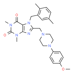 ChemSpider 2D Image | 7-(2,5-Dimethylbenzyl)-8-{[4-(4-methoxyphenyl)-1-piperazinyl]methyl}-1,3-dimethyl-3,7-dihydro-1H-purine-2,6-dione | C28H34N6O3