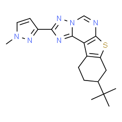 ChemSpider 2D Image | 9-(2-Methyl-2-propanyl)-2-(1-methyl-1H-pyrazol-3-yl)-8,9,10,11-tetrahydro[1]benzothieno[3,2-e][1,2,4]triazolo[1,5-c]pyrimidine | C19H22N6S