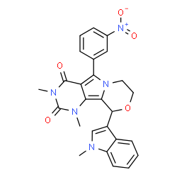 ChemSpider 2D Image | 1,3-Dimethyl-10-(1-methyl-1H-indol-3-yl)-5-(3-nitrophenyl)-1,7,8,10-tetrahydro-2H-pyrimido[4',5':3,4]pyrrolo[2,1-c][1,4]oxazine-2,4(3H)-dione | C26H23N5O5