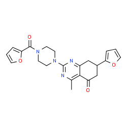 ChemSpider 2D Image | 2-[4-(2-Furoyl)-1-piperazinyl]-7-(2-furyl)-4-methyl-7,8-dihydro-5(6H)-quinazolinone | C22H22N4O4