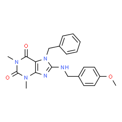 ChemSpider 2D Image | 7-Benzyl-8-[(4-methoxybenzyl)amino]-1,3-dimethyl-3,7-dihydro-1H-purine-2,6-dione | C22H23N5O3