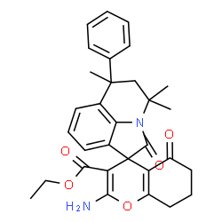 ChemSpider 2D Image | Ethyl 2-amino-4',4',6'-trimethyl-2',5-dioxo-6'-phenyl-5,5',6,6',7,8-hexahydro-4'H-spiro[chromene-4,1'-pyrrolo[3,2,1-ij]quinoline]-3-carboxylate | C31H32N2O5