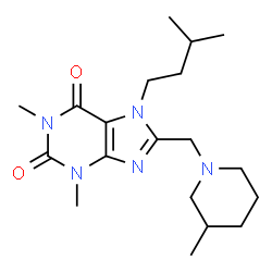 ChemSpider 2D Image | 1,3-Dimethyl-7-(3-methylbutyl)-8-[(3-methyl-1-piperidinyl)methyl]-3,7-dihydro-1H-purine-2,6-dione | C19H31N5O2
