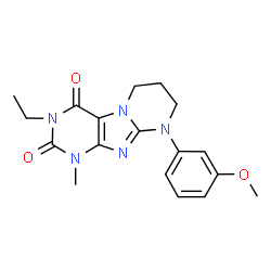 ChemSpider 2D Image | 3-Ethyl-9-(3-methoxyphenyl)-1-methyl-6,7,8,9-tetrahydropyrimido[2,1-f]purine-2,4(1H,3H)-dione | C18H21N5O3