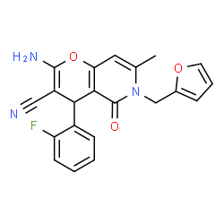 ChemSpider 2D Image | 2-Amino-4-(2-fluorophenyl)-6-(2-furylmethyl)-7-methyl-5-oxo-5,6-dihydro-4H-pyrano[3,2-c]pyridine-3-carbonitrile | C21H16FN3O3