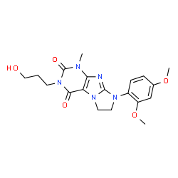 ChemSpider 2D Image | 8-(2,4-Dimethoxyphenyl)-3-(3-hydroxypropyl)-1-methyl-7,8-dihydro-1H-imidazo[2,1-f]purine-2,4(3H,6H)-dione | C19H23N5O5