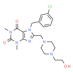 ChemSpider 2D Image | 7-(3-Chlorobenzyl)-8-{[4-(2-hydroxyethyl)-1-piperazinyl]methyl}-1,3-dimethyl-3,7-dihydro-1H-purine-2,6-dione | C21H27ClN6O3