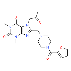 ChemSpider 2D Image | 8-{[4-(2-Furoyl)-1-piperazinyl]methyl}-1,3-dimethyl-7-(2-oxopropyl)-3,7-dihydro-1H-purine-2,6-dione | C20H24N6O5