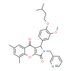 ChemSpider 2D Image | 1-[3-Methoxy-4-(3-methylbutoxy)phenyl]-5,7-dimethyl-2-(3-pyridinylmethyl)-1,2-dihydrochromeno[2,3-c]pyrrole-3,9-dione | C31H32N2O5