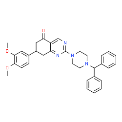 ChemSpider 2D Image | 2-(4-benzhydrylpiperazin-1-yl)-7-(3,4-dimethoxyphenyl)-7,8-dihydroquinazolin-5(6H)-one | C33H34N4O3