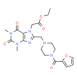 ChemSpider 2D Image | Ethyl (8-{[4-(2-furoyl)-1-piperazinyl]methyl}-1,3-dimethyl-2,6-dioxo-1,2,3,6-tetrahydro-7H-purin-7-yl)acetate | C21H26N6O6