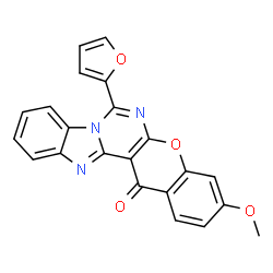 ChemSpider 2D Image | 7-(2-Furyl)-3-methoxy-14H-chromeno[2',3':4,5]pyrimido[1,6-a]benzimidazol-14-one | C22H13N3O4