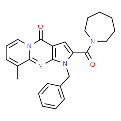 ChemSpider 2D Image | 2-(1-Azepanylcarbonyl)-1-benzyl-9-methylpyrido[1,2-a]pyrrolo[2,3-d]pyrimidin-4(1H)-one | C25H26N4O2