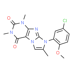 ChemSpider 2D Image | 8-(5-Chloro-2-methoxyphenyl)-1,3,7-trimethyl-1H-imidazo[2,1-f]purine-2,4(3H,8H)-dione | C17H16ClN5O3