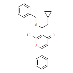 ChemSpider 2D Image | 3-[1-(Benzylsulfanyl)-2-cyclopropylethyl]-2-hydroxy-6-phenyl-4H-pyran-4-one | C23H22O3S