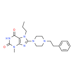 ChemSpider 2D Image | 3-Methyl-8-[4-(2-phenylethyl)-1-piperazinyl]-7-propyl-3,7-dihydro-1H-purine-2,6-dione | C21H28N6O2