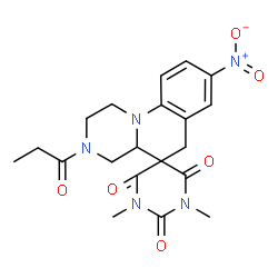 ChemSpider 2D Image | 1',3'-Dimethyl-8-nitro-3-propionyl-2,3,4,4a-tetrahydro-1H,2'H,6H-spiro[pyrazino[1,2-a]quinoline-5,5'-pyrimidine]-2',4',6'(1'H,3'H)-trione | C20H23N5O6