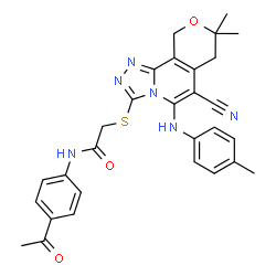 ChemSpider 2D Image | N-(4-Acetylphenyl)-2-({6-cyano-8,8-dimethyl-5-[(4-methylphenyl)amino]-7,10-dihydro-8H-pyrano[3,4-c][1,2,4]triazolo[4,3-a]pyridin-3-yl}sulfanyl)acetamide | C29H28N6O3S