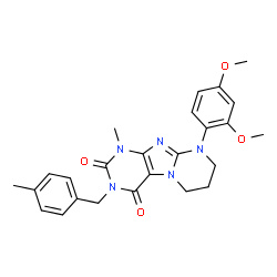 ChemSpider 2D Image | 9-(2,4-Dimethoxyphenyl)-1-methyl-3-(4-methylbenzyl)-6,7,8,9-tetrahydropyrimido[2,1-f]purine-2,4(1H,3H)-dione | C25H27N5O4