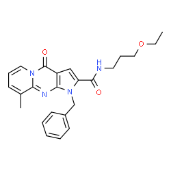 ChemSpider 2D Image | 1-Benzyl-N-(3-ethoxypropyl)-9-methyl-4-oxo-1,4-dihydropyrido[1,2-a]pyrrolo[2,3-d]pyrimidine-2-carboxamide | C24H26N4O3