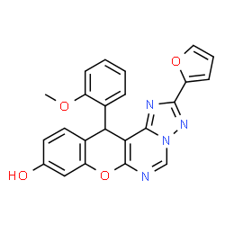 ChemSpider 2D Image | 2-(2-Furyl)-12-(2-methoxyphenyl)-12H-chromeno[3,2-e][1,2,4]triazolo[1,5-c]pyrimidin-9-ol | C23H16N4O4