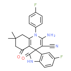 ChemSpider 2D Image | 2'-Amino-5-fluoro-1'-(4-fluorophenyl)-7',7'-dimethyl-2,5'-dioxo-1,2,5',6',7',8'-hexahydro-1'H-spiro[indole-3,4'-quinoline]-3'-carbonitrile | C25H20F2N4O2