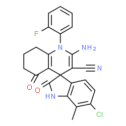 ChemSpider 2D Image | 2'-Amino-6-chloro-1'-(2-fluorophenyl)-7-methyl-2,5'-dioxo-1,2,5',6',7',8'-hexahydro-1'H-spiro[indole-3,4'-quinoline]-3'-carbonitrile | C24H18ClFN4O2