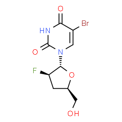 ChemSpider 2D Image | 5-Bromo-1-(2,3-dideoxy-2-fluoro-alpha-L-threo-pentofuranosyl)-2,4(1H,3H)-pyrimidinedione | C9H10BrFN2O4
