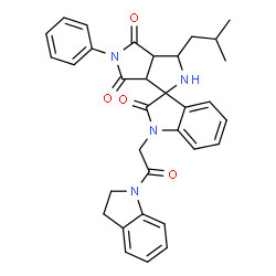 ChemSpider 2D Image | 1-[2-(2,3-Dihydro-1H-indol-1-yl)-2-oxoethyl]-3'-isobutyl-5'-phenyl-3a',6a'-dihydro-2'H-spiro[indole-3,1'-pyrrolo[3,4-c]pyrrole]-2,4',6'(1H,3'H,5'H)-trione | C33H32N4O4