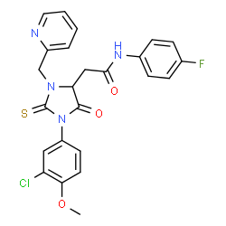 ChemSpider 2D Image | 2-[1-(3-Chloro-4-methoxyphenyl)-5-oxo-3-(2-pyridinylmethyl)-2-thioxo-4-imidazolidinyl]-N-(4-fluorophenyl)acetamide | C24H20ClFN4O3S