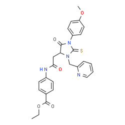 ChemSpider 2D Image | Ethyl 4-({[1-(4-methoxyphenyl)-5-oxo-3-(2-pyridinylmethyl)-2-thioxo-4-imidazolidinyl]acetyl}amino)benzoate | C27H26N4O5S
