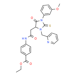 ChemSpider 2D Image | Ethyl 4-({[1-(3-methoxyphenyl)-5-oxo-3-(2-pyridinylmethyl)-2-thioxo-4-imidazolidinyl]acetyl}amino)benzoate | C27H26N4O5S