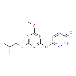 ChemSpider 2D Image | 6-{[4-(Isobutylamino)-6-methoxy-1,3,5-triazin-2-yl]oxy}pyridazin-3-ol | C12H16N6O3