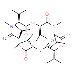 ChemSpider 2D Image | (3S,6R,9S,12R,15S,18R)-3-[(2S)-2-Butanyl]-6,9,12,15,18-pentaisopropyl-4,10,16-trimethyl-1,7,13-trioxa-4,10,16-triazacyclooctadecane-2,5,8,11,14,17-hexone | C34H59N3O9