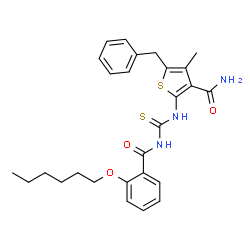 ChemSpider 2D Image | 5-Benzyl-2-({[2-(hexyloxy)benzoyl]carbamothioyl}amino)-4-methyl-3-thiophenecarboxamide | C27H31N3O3S2