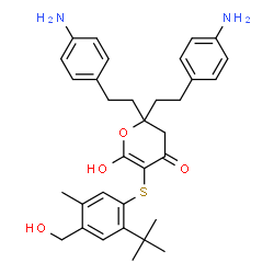 ChemSpider 2D Image | 2,2-Bis[2-(4-aminophenyl)ethyl]-6-hydroxy-5-{[4-(hydroxymethyl)-5-methyl-2-(2-methyl-2-propanyl)phenyl]sulfanyl}-2,3-dihydro-4H-pyran-4-one | C33H40N2O4S