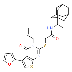 ChemSpider 2D Image | N-[1-(Adamantan-1-yl)ethyl]-2-{[3-allyl-5-(2-furyl)-4-oxo-3,4-dihydrothieno[2,3-d]pyrimidin-2-yl]sulfanyl}acetamide | C27H31N3O3S2