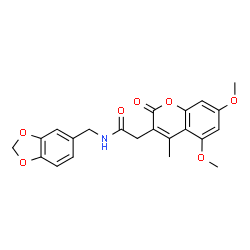 ChemSpider 2D Image | N-(1,3-Benzodioxol-5-ylmethyl)-2-(5,7-dimethoxy-4-methyl-2-oxo-2H-chromen-3-yl)acetamide | C22H21NO7