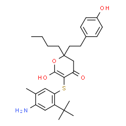 ChemSpider 2D Image | 5-[(4-amino-2-tert-butyl-5-methylphenyl)sulfanyl]-2-butyl-6-hydroxy-2-[2-(4-hydroxyphenyl)ethyl]-2,3-dihydro-4H-pyran-4-one | C28H37NO4S